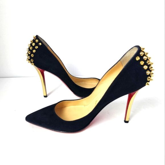 Christian Louboutin Zappa 100 Suede Specchio Heels Spike Black Gold Size 36 - Picture 5 of 14